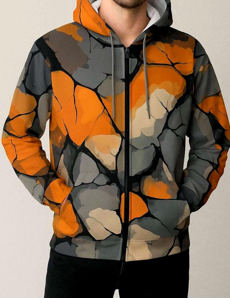 Cracked Pumpkin Zip Up Hoodie | Unisex Relaxed Fit | Orange And Black Year Round Design