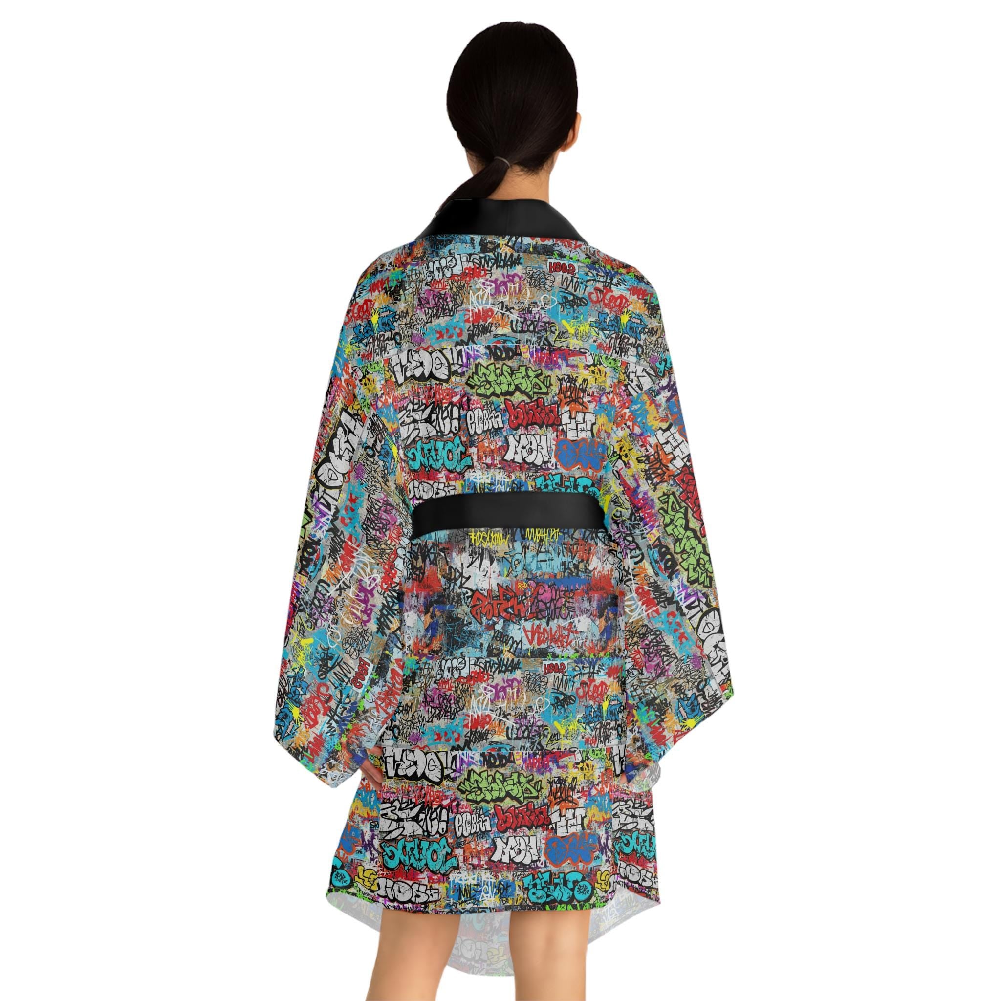 Graffiti Kimono Robe, Long Sleeve Boho Lounge Wear