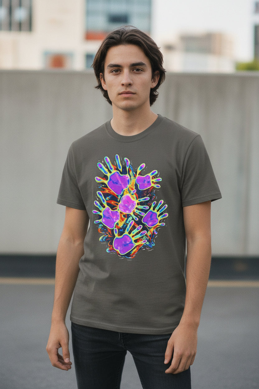 Customizable "Handprint" T-Shirt - Psychedelic Neon Streetwear For Men & Women