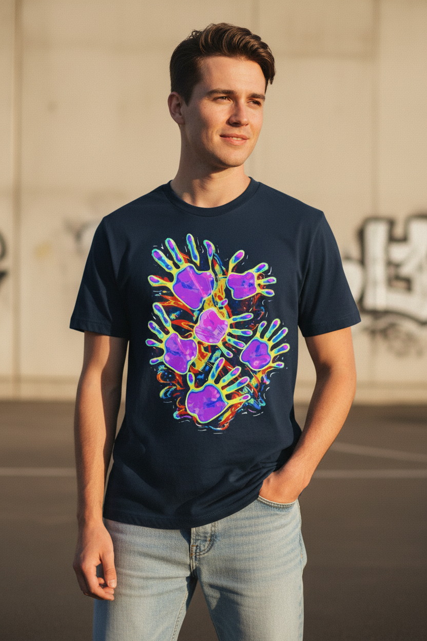 Customizable "Handprint" T-Shirt - Psychedelic Neon Streetwear For Men & Women