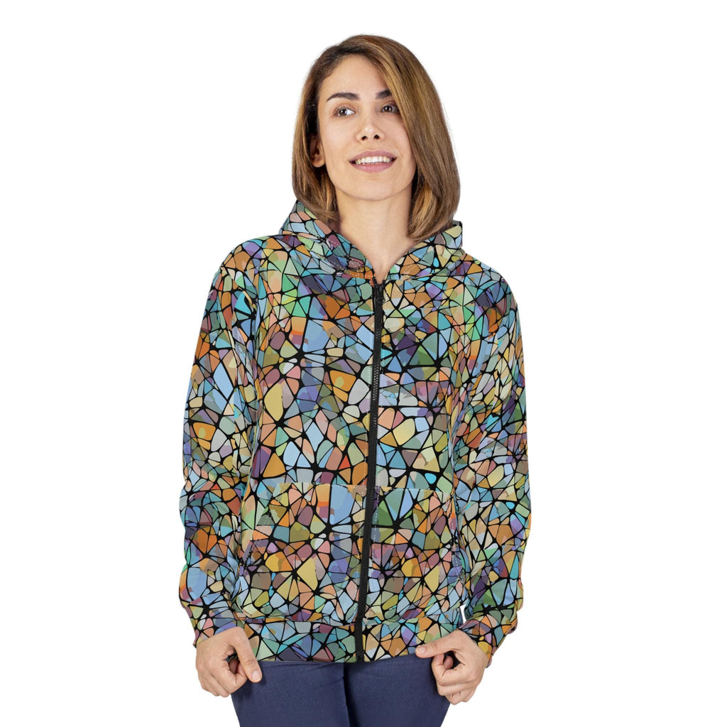 Mosaic Print Unisex Zip Hoodie, Colorful Art Sweatshirt