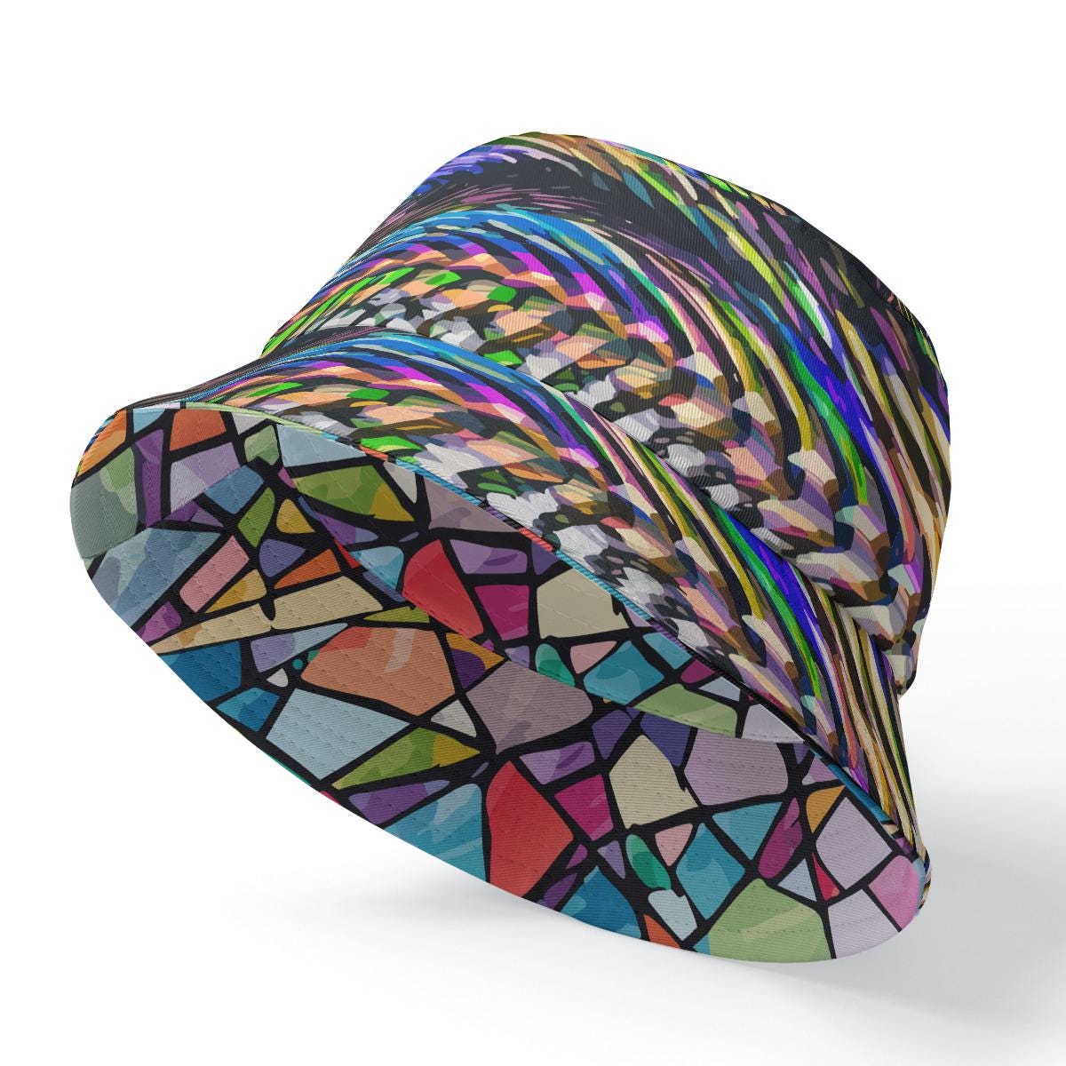 dylesmavis Double-Side Print Bucket Hat with Shimmering Zebra & Stained Glass Design