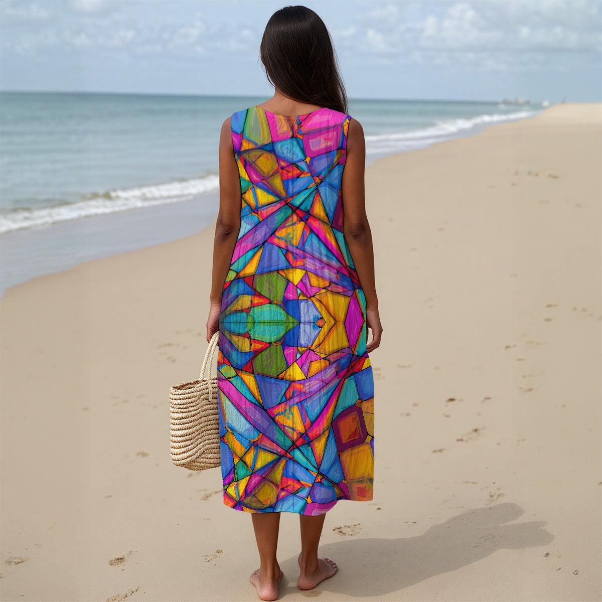 Abstract Print Sleeveless Dress | Slub Cotton Summer Dress