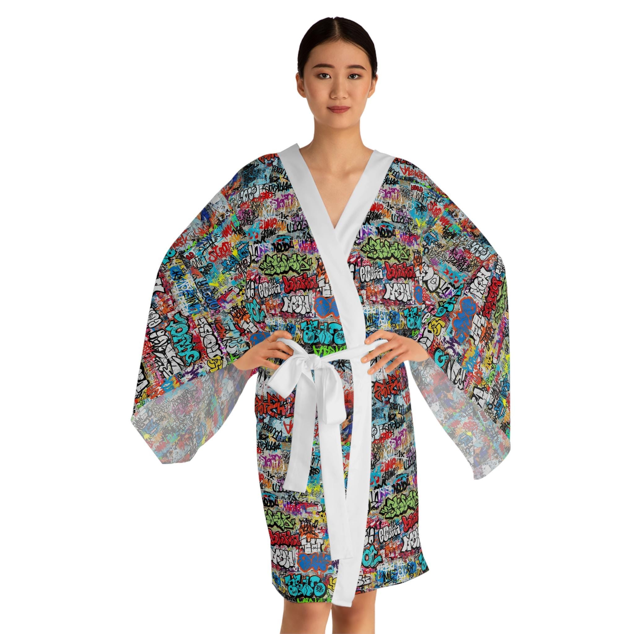 Graffiti Kimono Robe, Long Sleeve Boho Lounge Wear