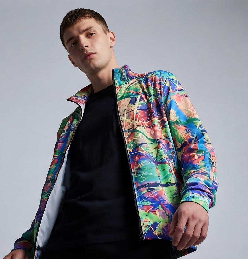 Paint Splatter Hacci Fleece Zip-Up Jacket, Psychedelic Streetwear