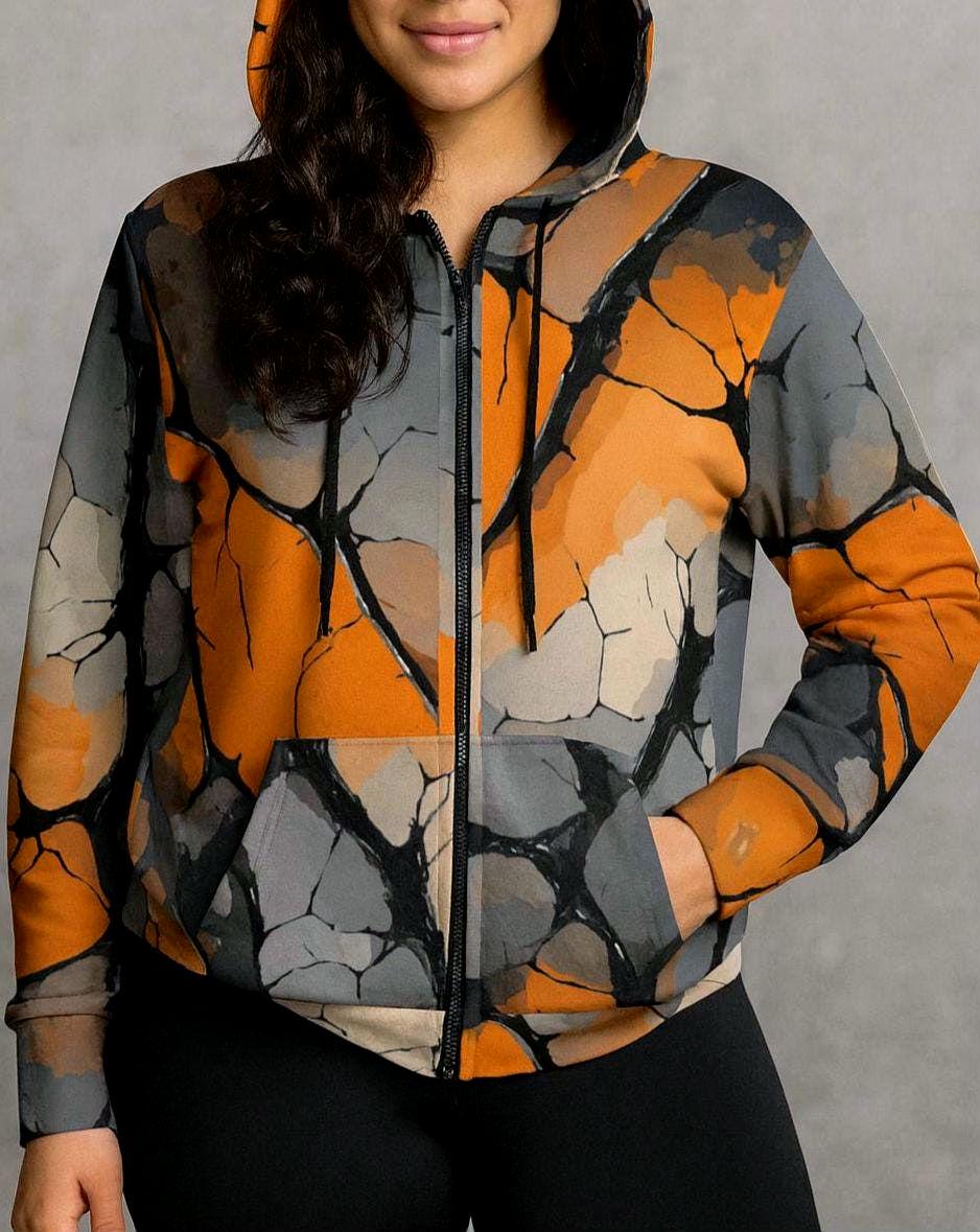 Cracked Pumpkin Zip Up Hoodie | Unisex Relaxed Fit | Orange And Black Year Round Design