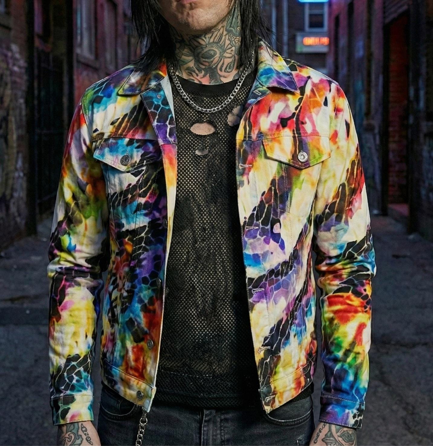 Psychedelic Abstract Art Jacket, Colorful Rainbow Mosaic Patterned Coat, Festival Rave Outfit, Boho Statement Streetwear