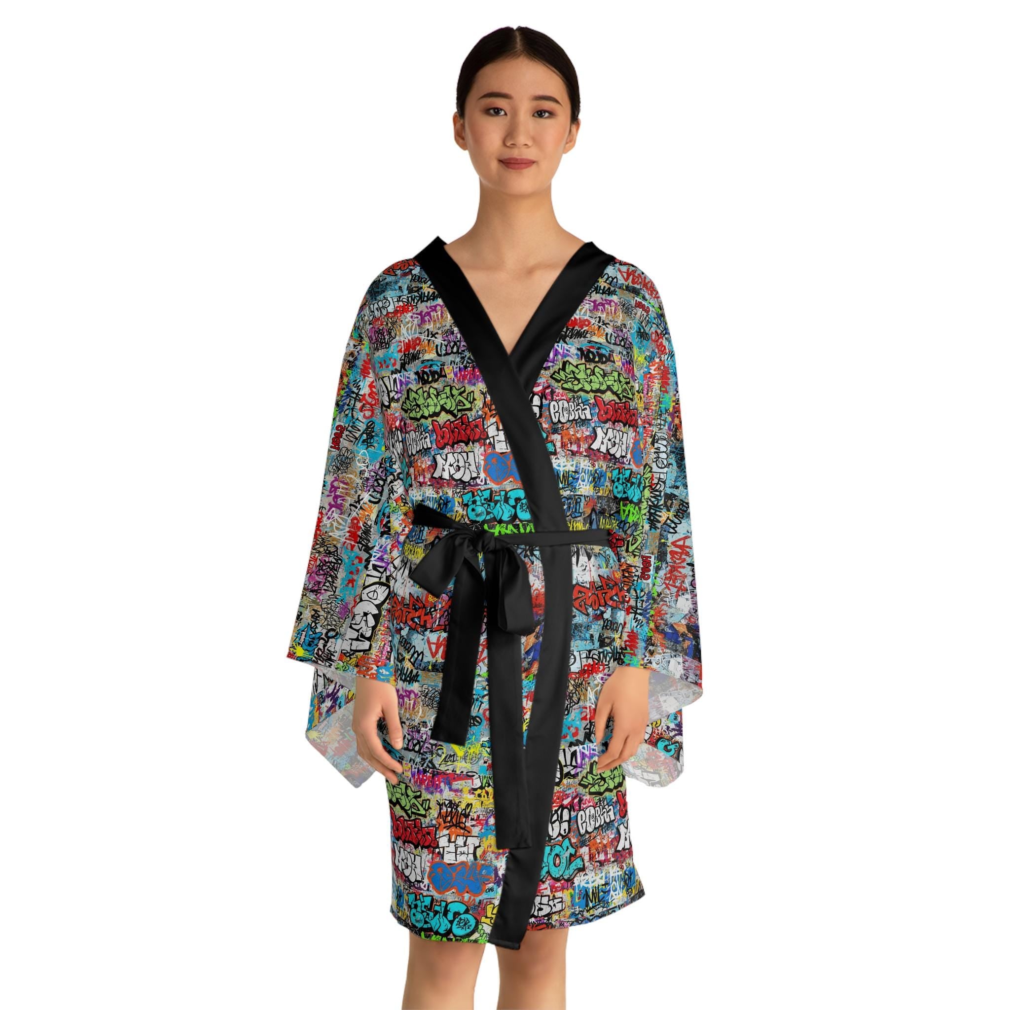 Graffiti Kimono Robe, Long Sleeve Boho Lounge Wear