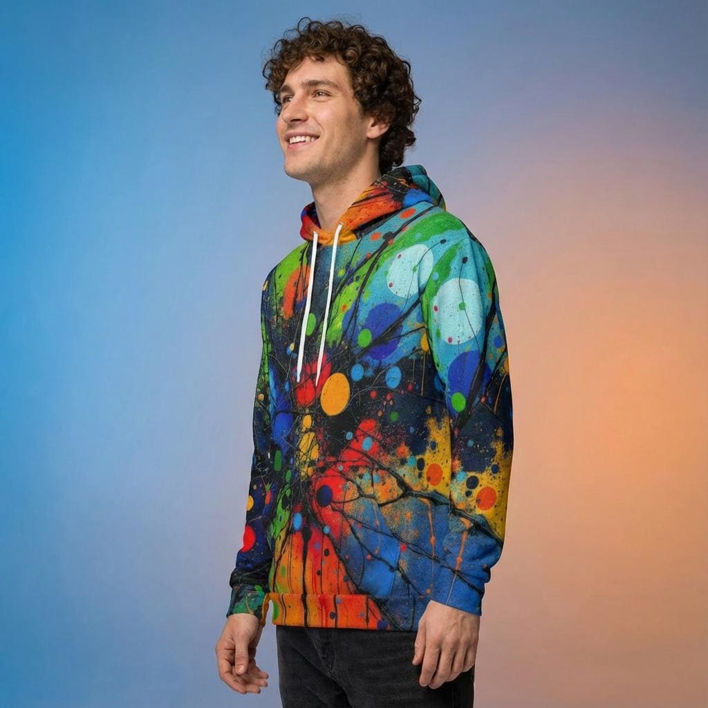 Trippy Rasta Splatter Ink Hoodie | Acrylic Pour Psychedelic Unisex Pullover | Vibrant Colorful Festival Sweatshirt