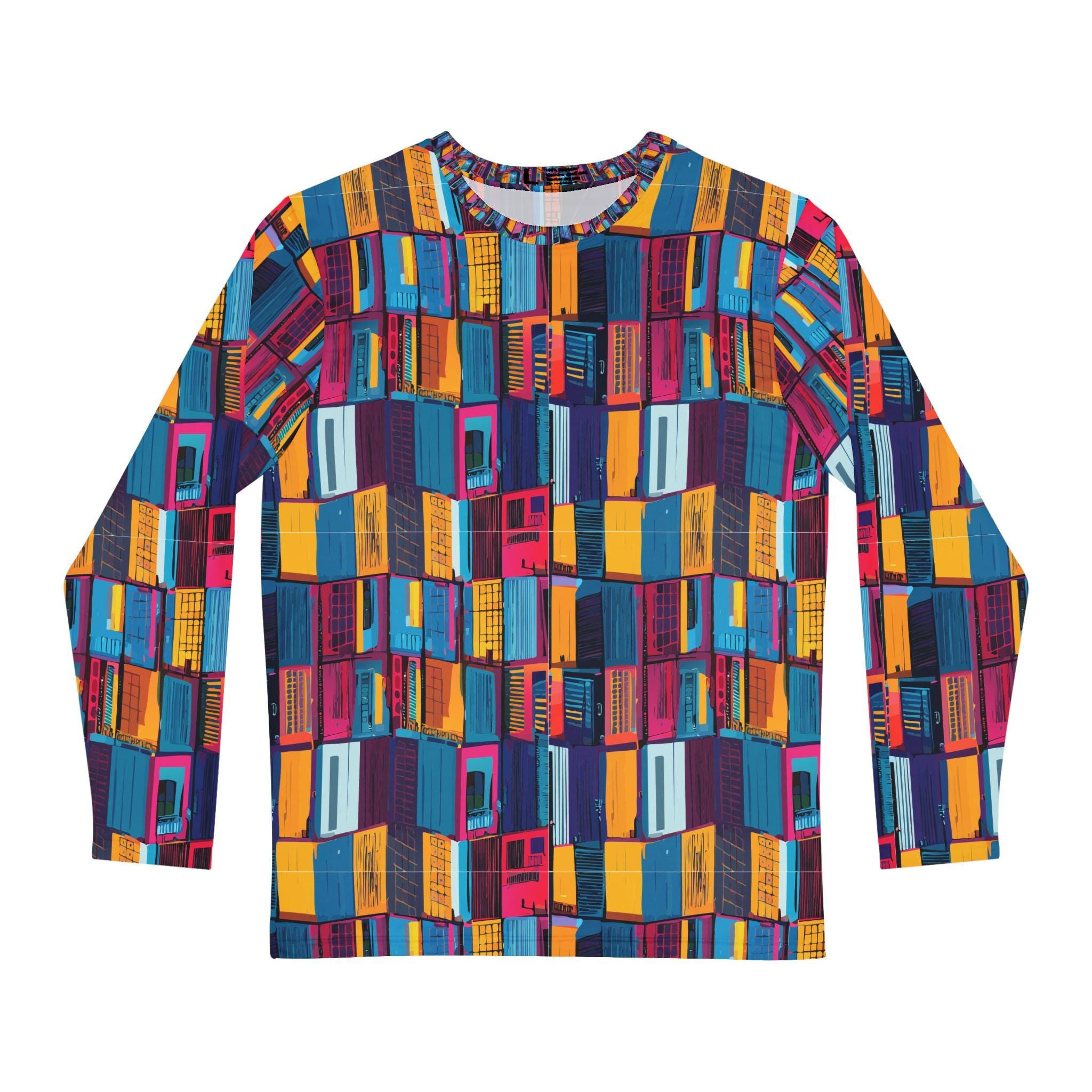 Geometric Print Men's Long Sleeve Shirt, Colorful Artistic Top