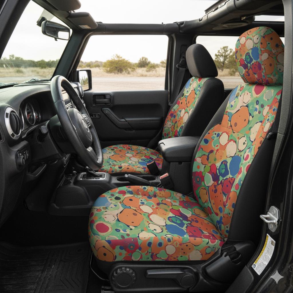 Abstract Paint Splatter Car Seat Covers: Rainbow Boho Auto Interior
