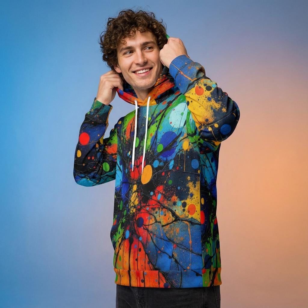 Trippy Rasta Splatter Ink Hoodie | Acrylic Pour Psychedelic Unisex Pullover | Vibrant Colorful Festival Sweatshirt