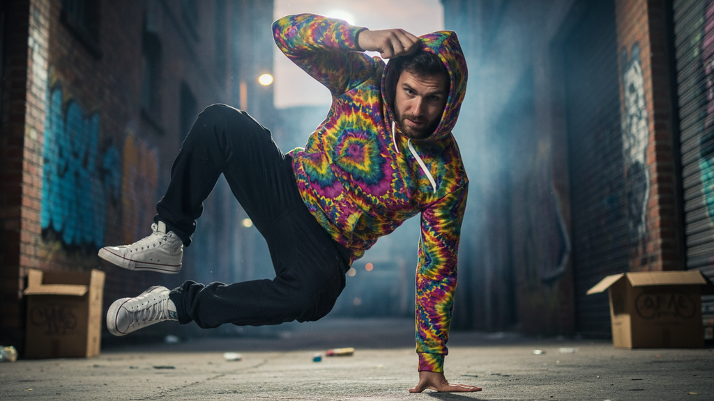 Person in a colorful hoodie breakdancing in an urban alleyway with graffiti.