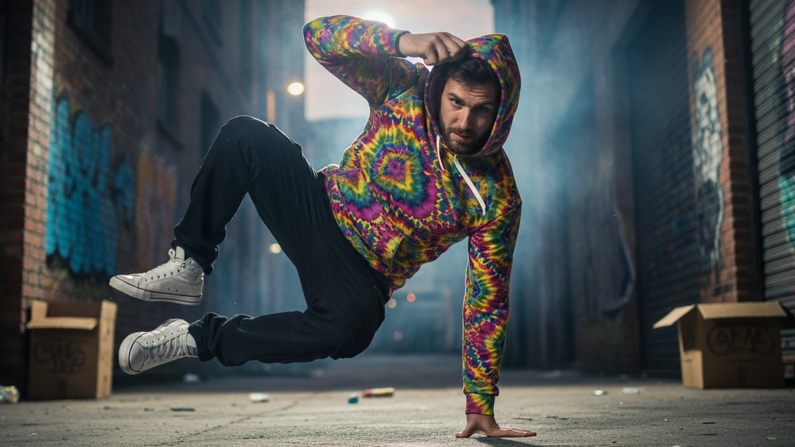 Person in a colorful hoodie breakdancing in an urban alleyway with graffiti.