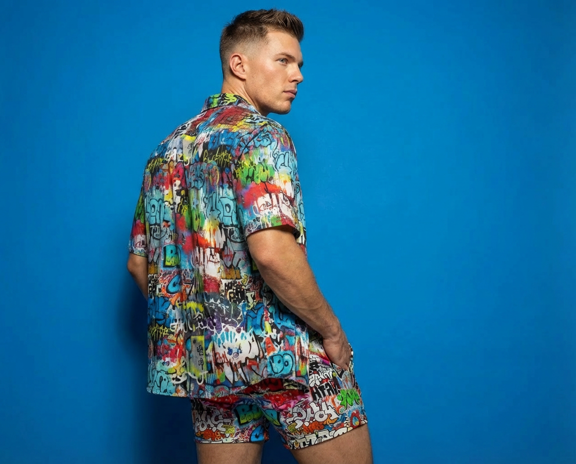 "Wall Talk" Graffiti Layered Short Sleeve Button-Up 🏙️🔥