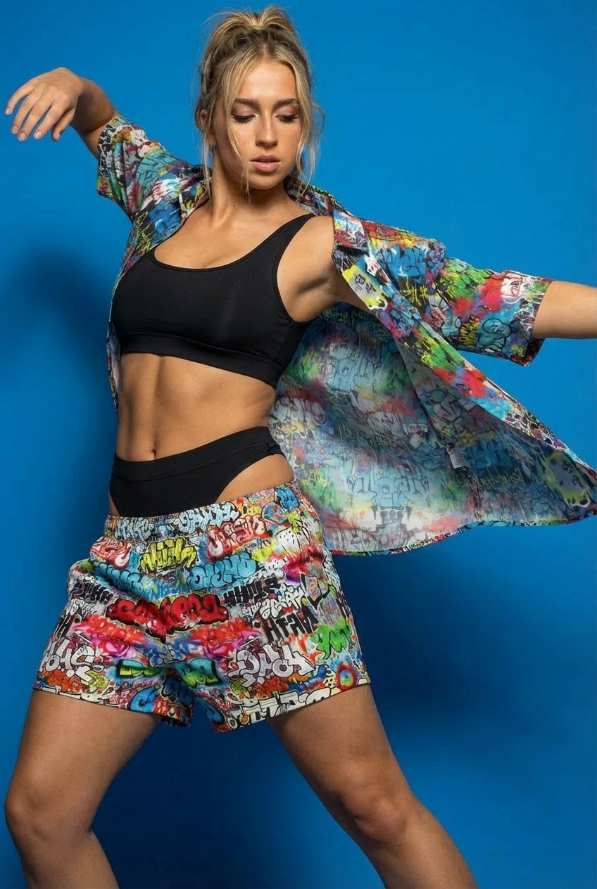 "Wall Talk" Graffiti Layered Short Sleeve Button-Up 🏙️🔥