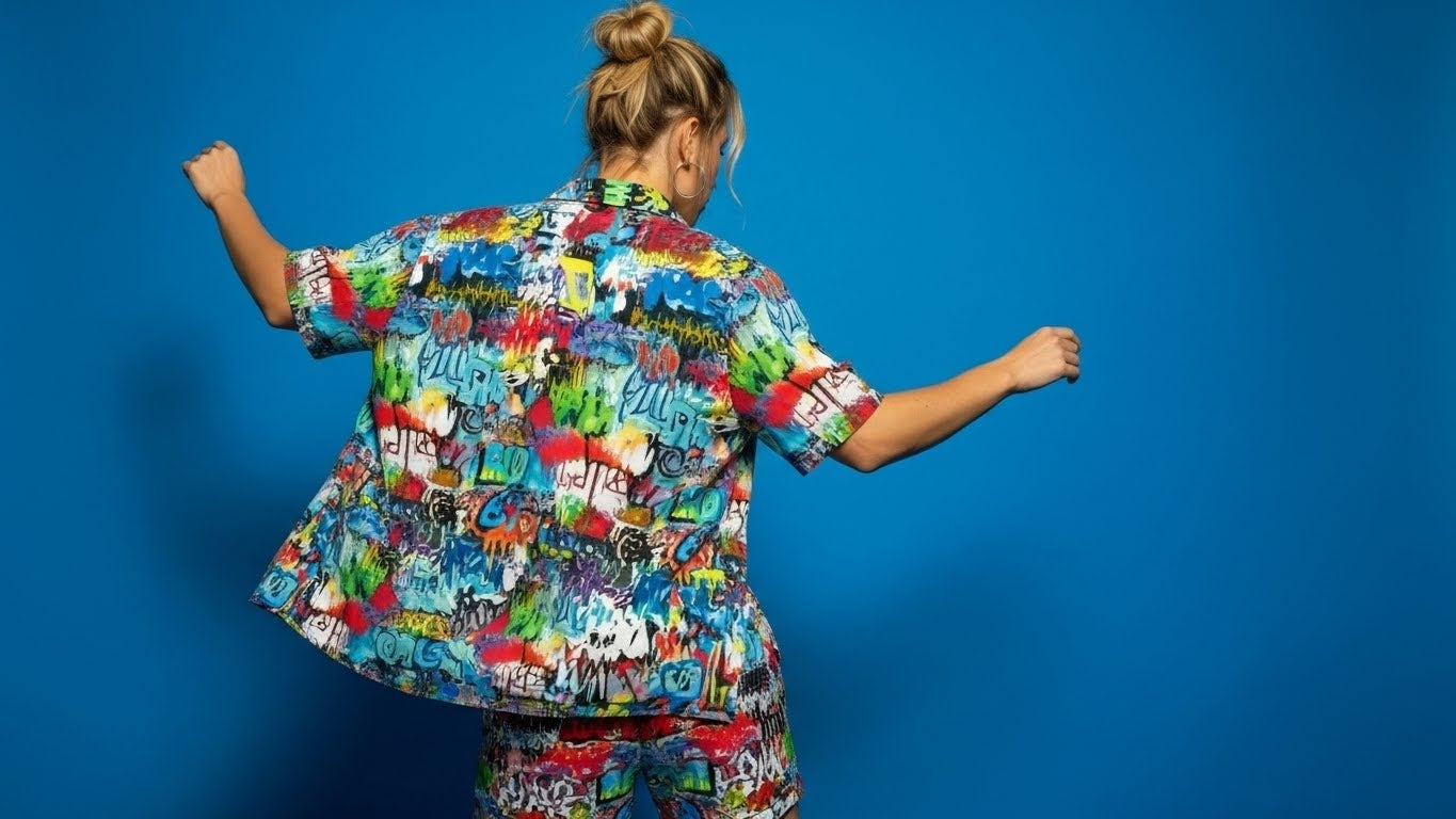 "Wall Talk" Graffiti Layered Short Sleeve Button-Up 🏙️🔥