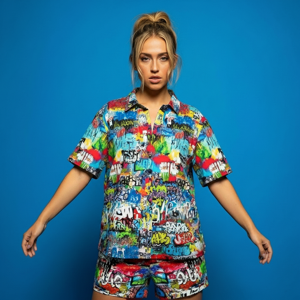 "Wall Talk" Graffiti Layered Short Sleeve Button-Up 🏙️🔥