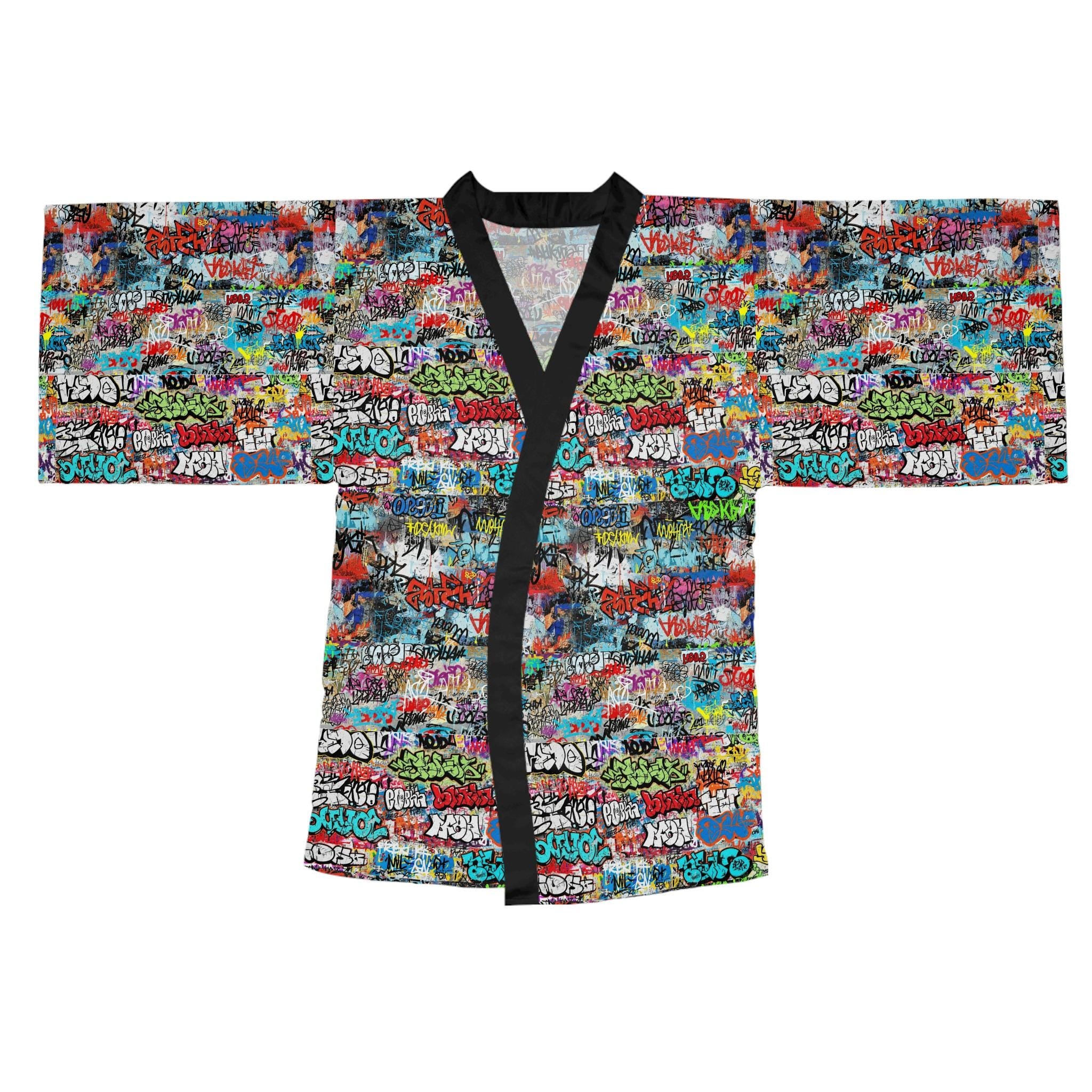 Graffiti Kimono Robe, Long Sleeve Boho Lounge Wear