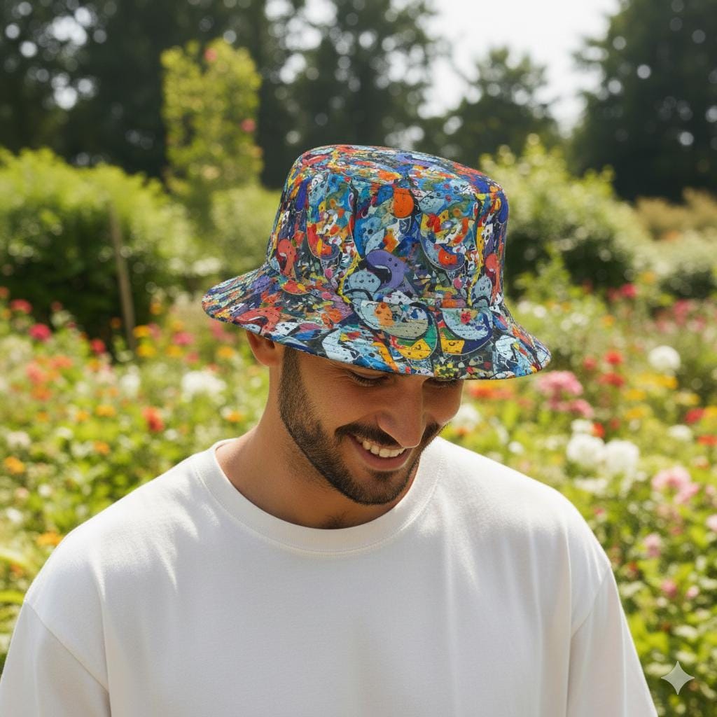 Abstract Patchwork Bucket Hat: Magazine & Book Page Design