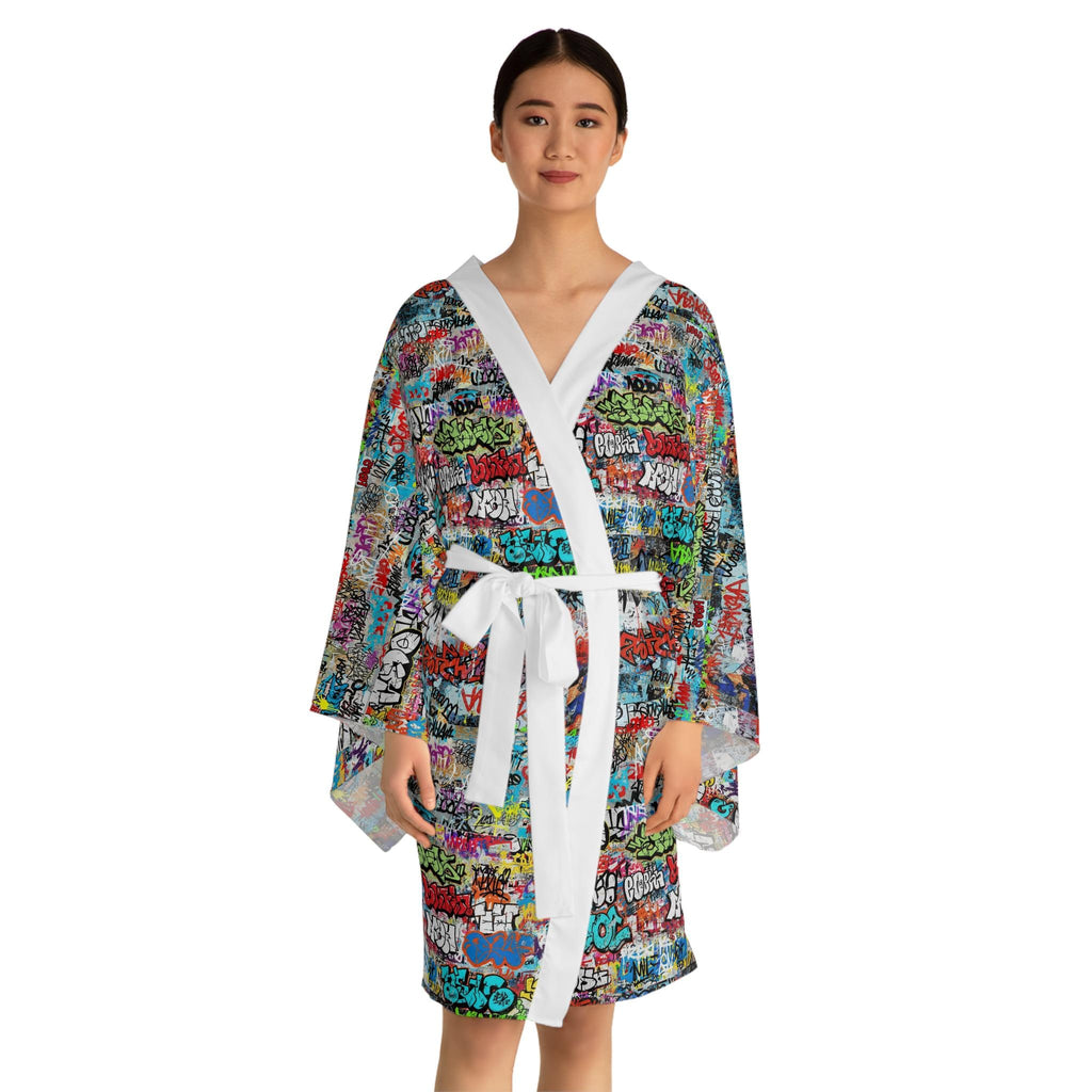Graffiti Kimono Robe, Long Sleeve Boho Lounge Wear