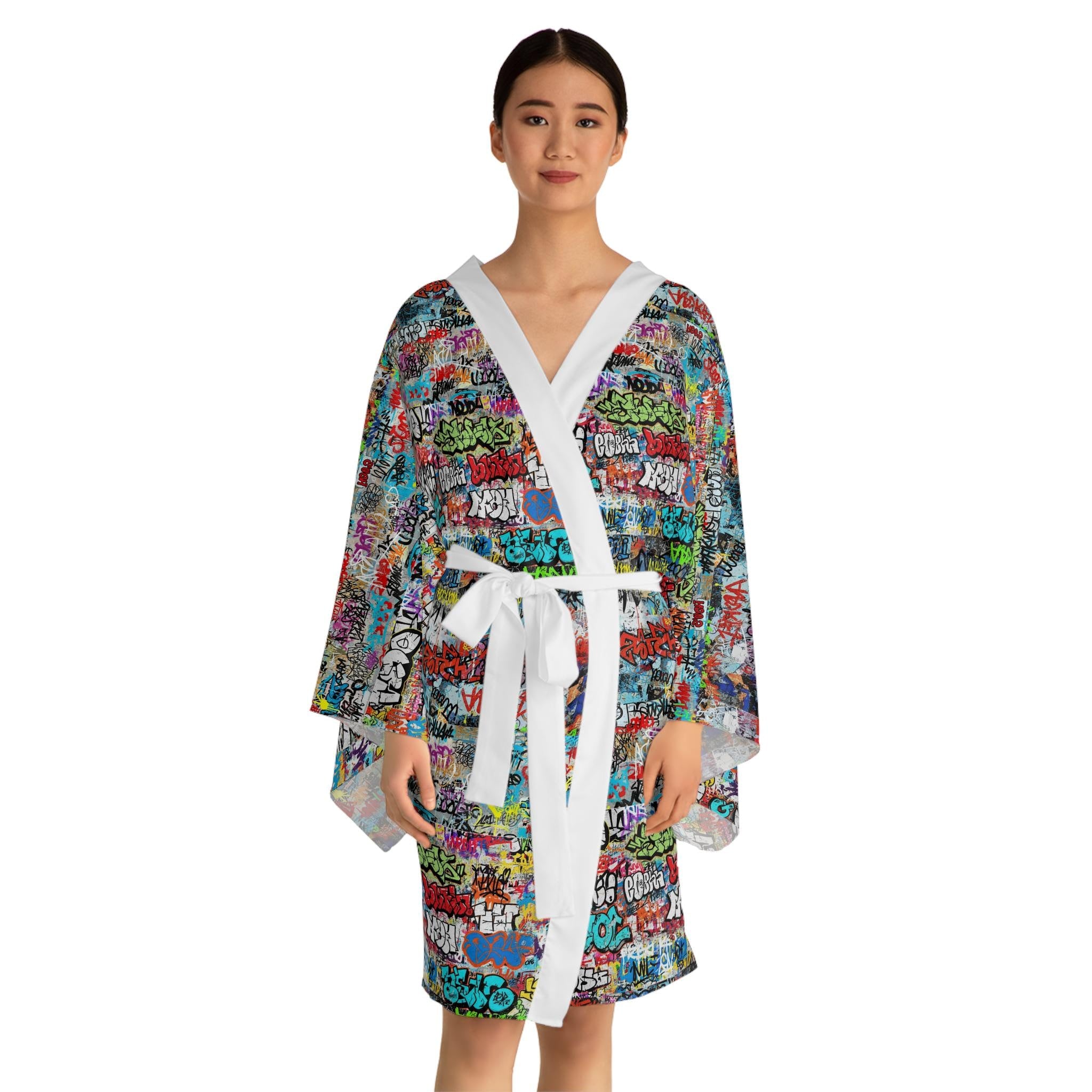 Graffiti Kimono Robe, Long Sleeve Boho Lounge Wear