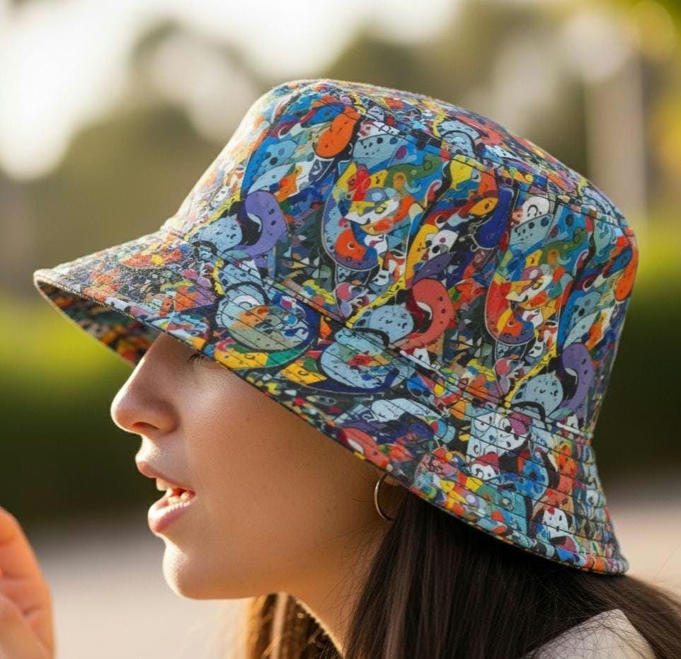Abstract Patchwork Bucket Hat: Magazine & Book Page Design