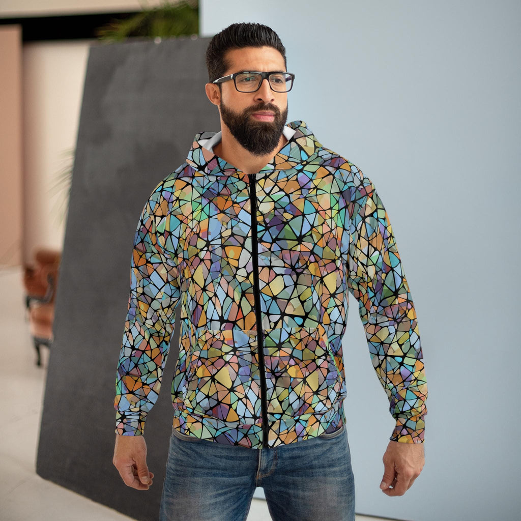 Mosaic Print Unisex Zip Hoodie, Colorful Art Sweatshirt